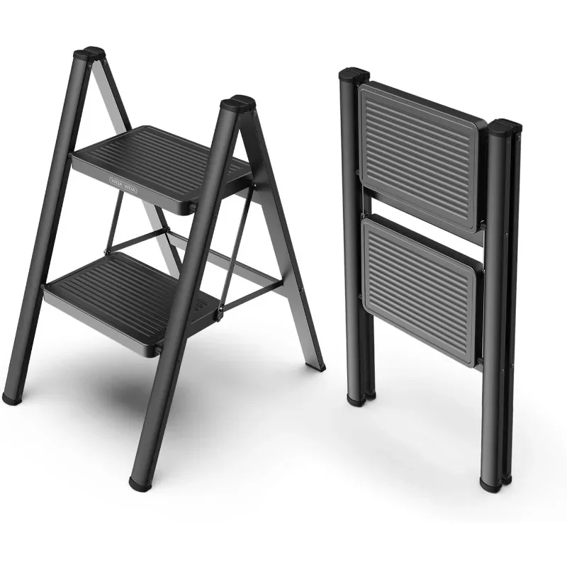 2 Step Ladder, Step Stool Foldable with Wide Pedals, Portable Stepping Stool for Adults,Sturdy Steel Ladders for Home with-Black