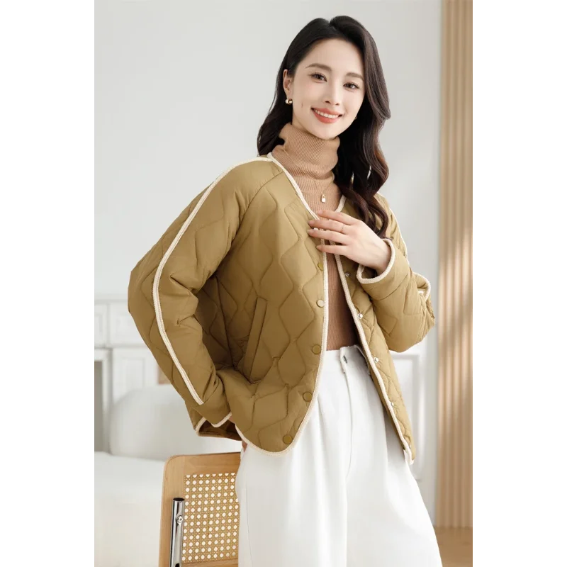 Chaqueta corta ligera con forro, chaqueta acolchada de algodón para otoño e invierno, chaqueta cálida con cuello redondo, 2025