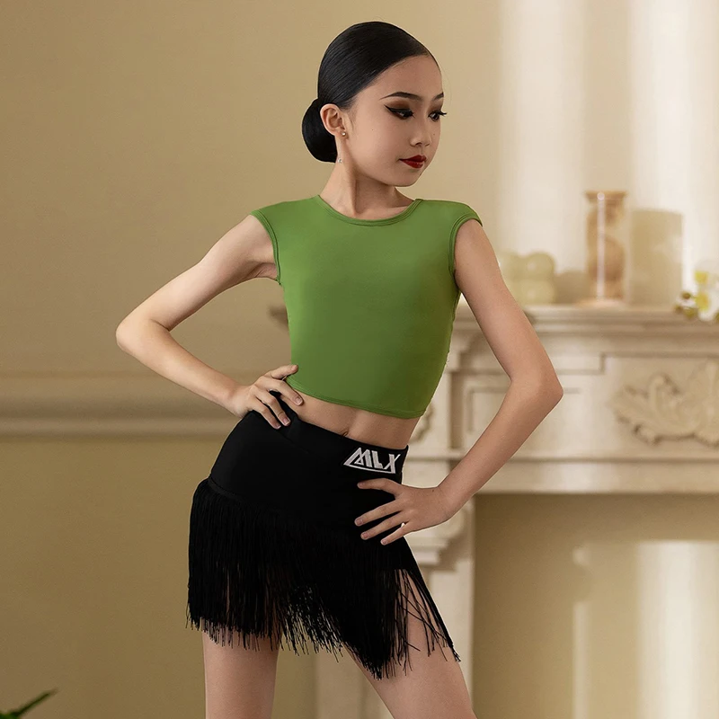 

2024 New Children's Latin Dance Training Costume Girl's Crop Top Tassel Skirt Set Tango Practice Wear Line Dance Clothing VBH713