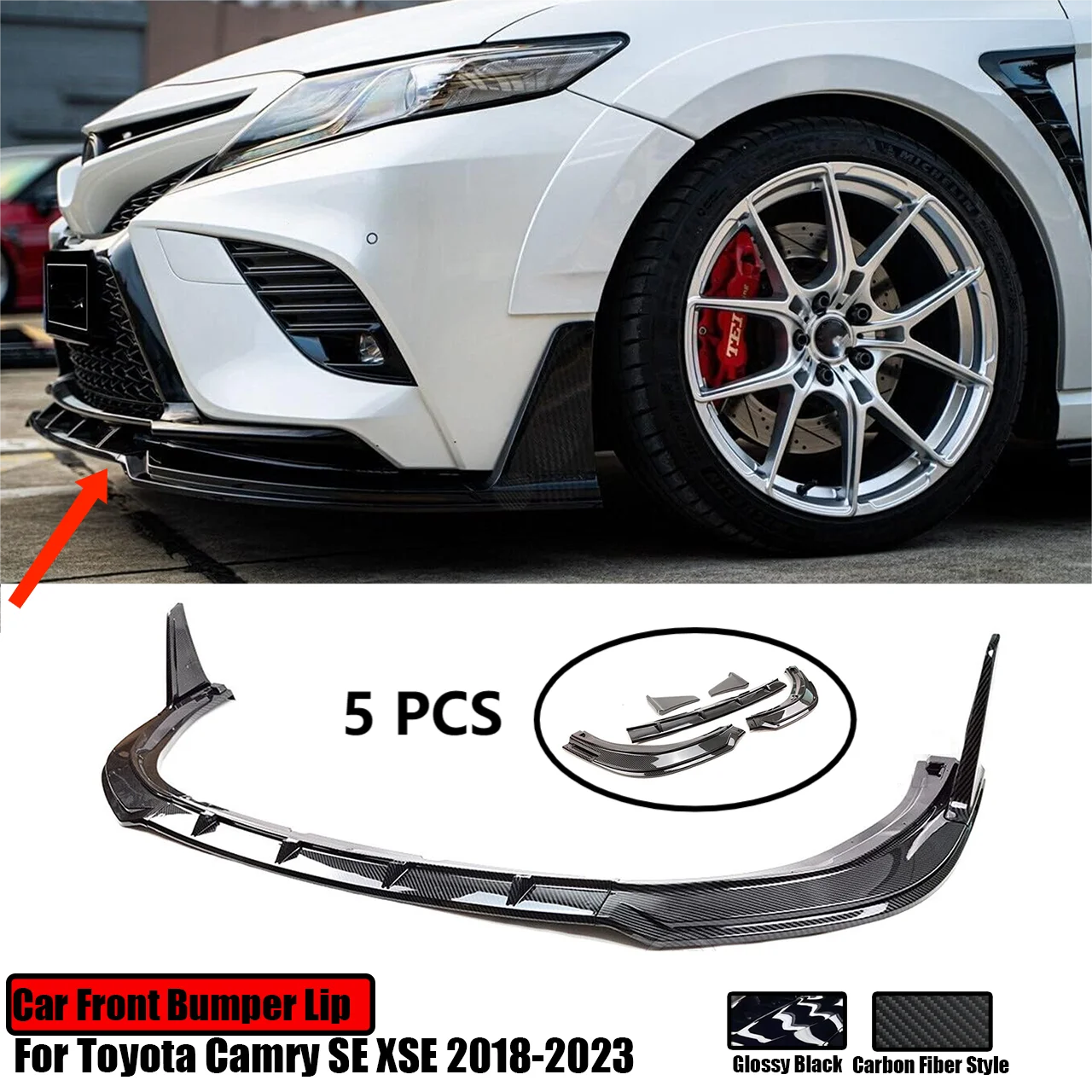 For Toyota Camry SE XSE 2018-2023 Car Front Bumper Lip Splitter Spoiler Diffuser Winglet Carbon Fiber Style Glossy Black 5PCS