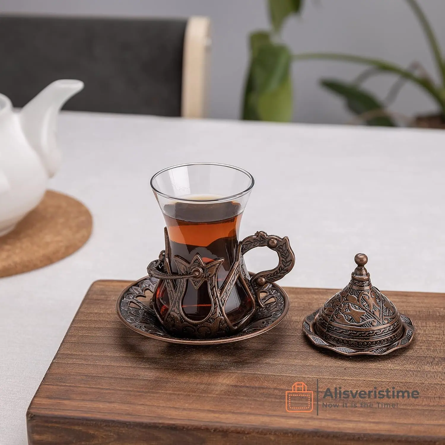 Handmade Turkish Tea Water Zamzam Serving Set Glasses Saucer, Tray and Spoon