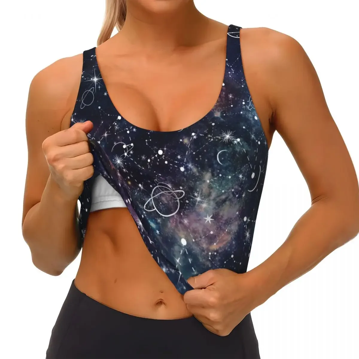 Colete de yoga feminino ginásio esportes colheita topos planeta estrela constelação galáxia impressão streetwear treino respirável regata feminina