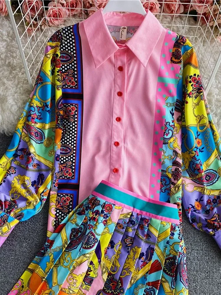 2024 Women Fashion Luxury Print Shirt Top + Pleated Mini Skirt New Spring Autumn Vintage Long Sleeve Buttons Party 2 Piece Sets