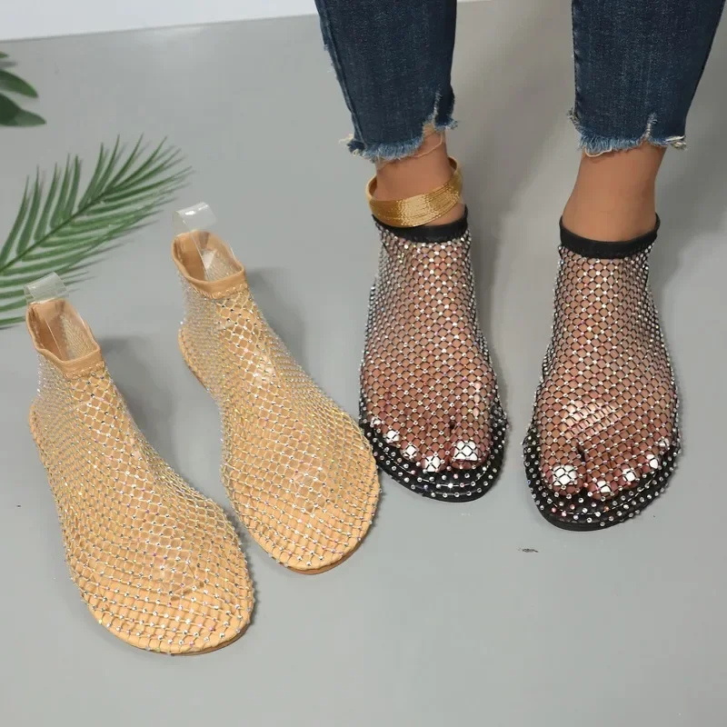 Fashion Women Flat Sandals Rhinestone Fishing Net Sandals Flat Bottom Footware Roman Flat Party Shoes Women Zapatos Para Mujeres