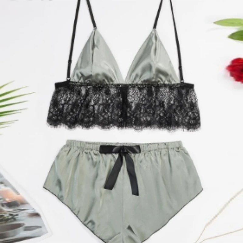 Sexy Lace Cami Pajamas Set Women Bow Lace Patchwork Summer Casual Sleepwear