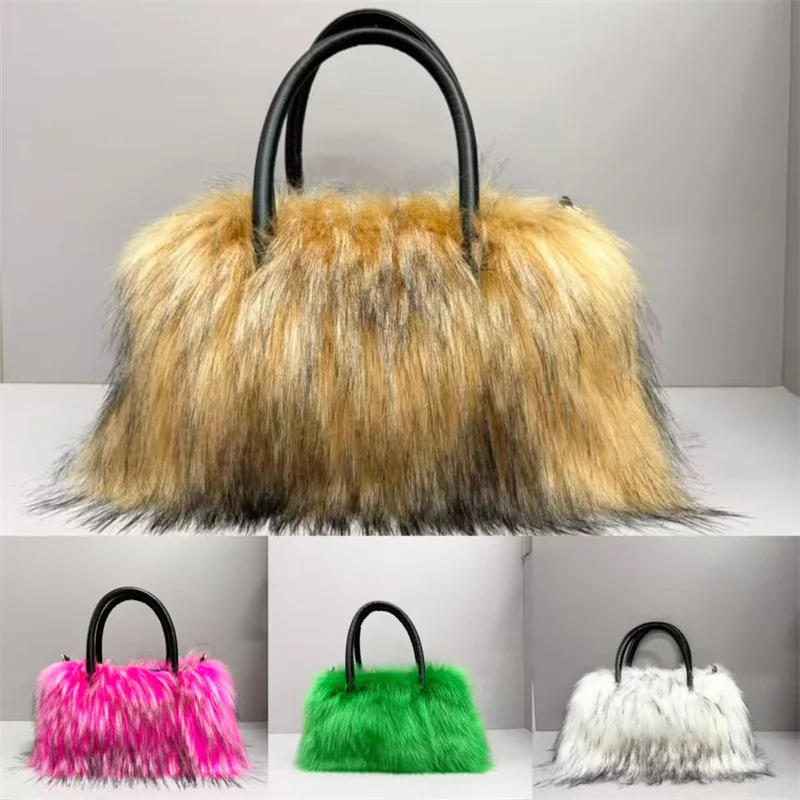 

New European and American Style Bag Female High-end Feeling Plush Imitation Fur Raccoon Hair Handbag Large Capacity Tote Bag