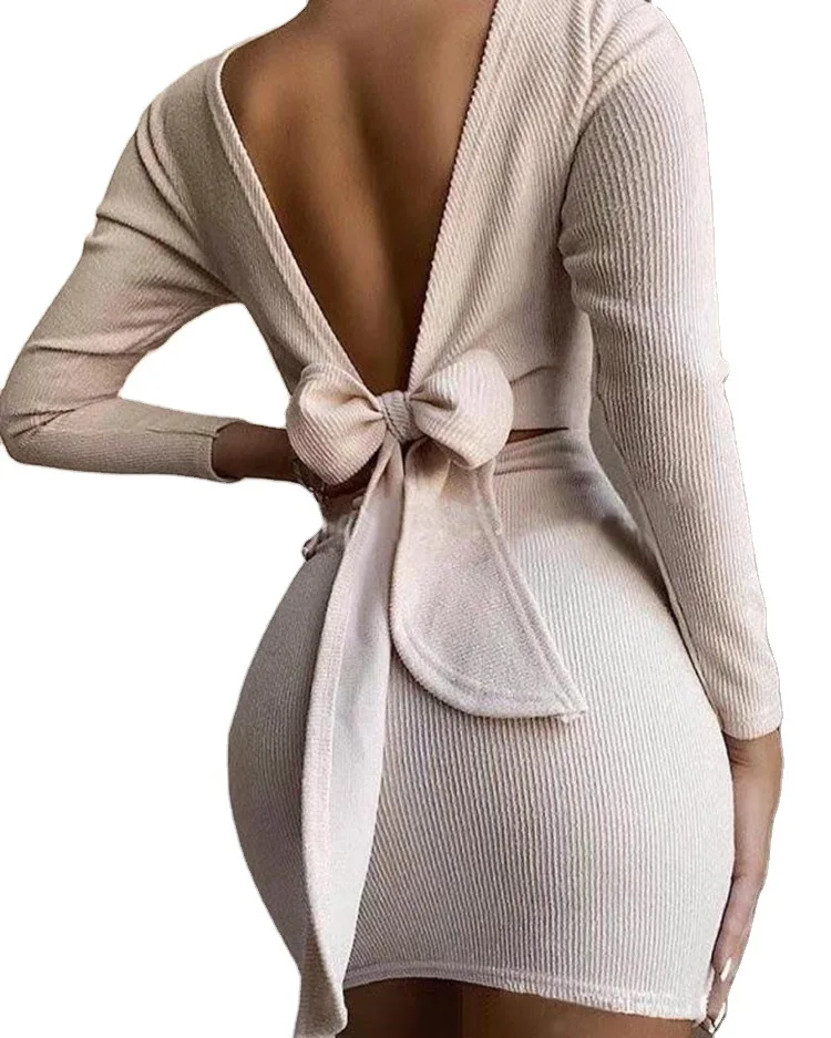 

2024 New Fashion Slim Fit Solid Color Elegant Butterfly Knot Open Back Long Sleeve Mini Dress for Women