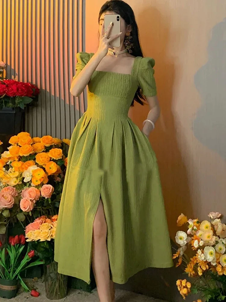 Jielur New Summer Green Puff Sleeve Elegant Square Collar Midi Dress Women Slim Waist Split One Piece Ball Gown Ladies Dresses