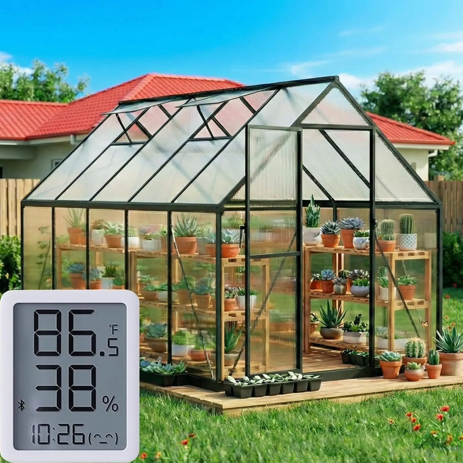 6x10 FT Walk-in Greenhouse with Hygrometer, Polycarbonate & Aluminum Frame for Garden Patio Backyard Planting, Customized