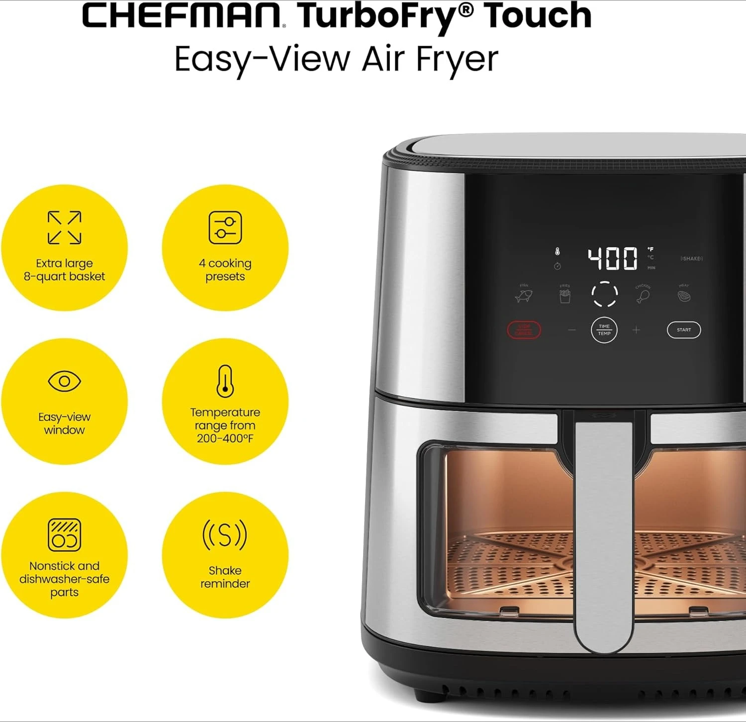 

Easy-View Air Fryer – 8 Qt Family Size with Viewing Window, One-Touch Digital Control with 4 Presets, Nonstick & Dishwasher Safe