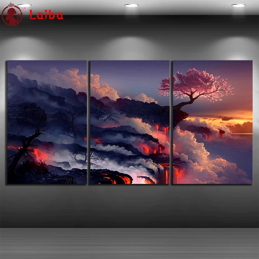 Scorched Earth Lava Landscape Mosaic, Cherry Blossom, Sunset Fantasy Art, Diamond Painting, Cross Stitch Wall Artwork, 3Pcs