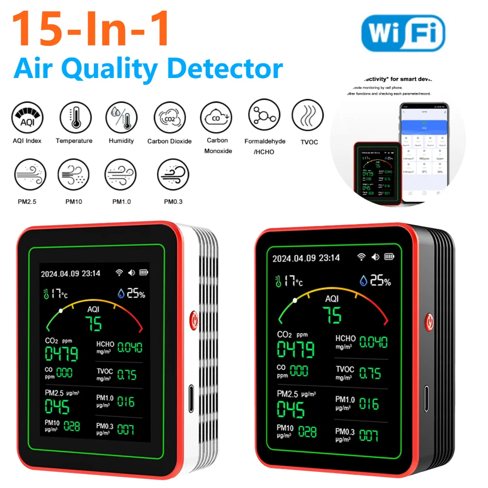 Indoor Air Quality Tester WiFi 15 in 1 Air Quality Monitor Detector for CO2 TVOC HCHO PM2.5 PM1.0 PM10 Temperature Humidity