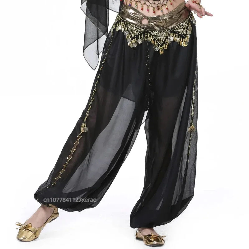 Bauchdanzenhose für Damen, hoch geschnitten, mit Ring- und Laternenmuster, ausgestellte Hose mit Fransen, Taillenaccessoire für Bauchtanz-Aufführungen auf der Bühne. – Detail 5