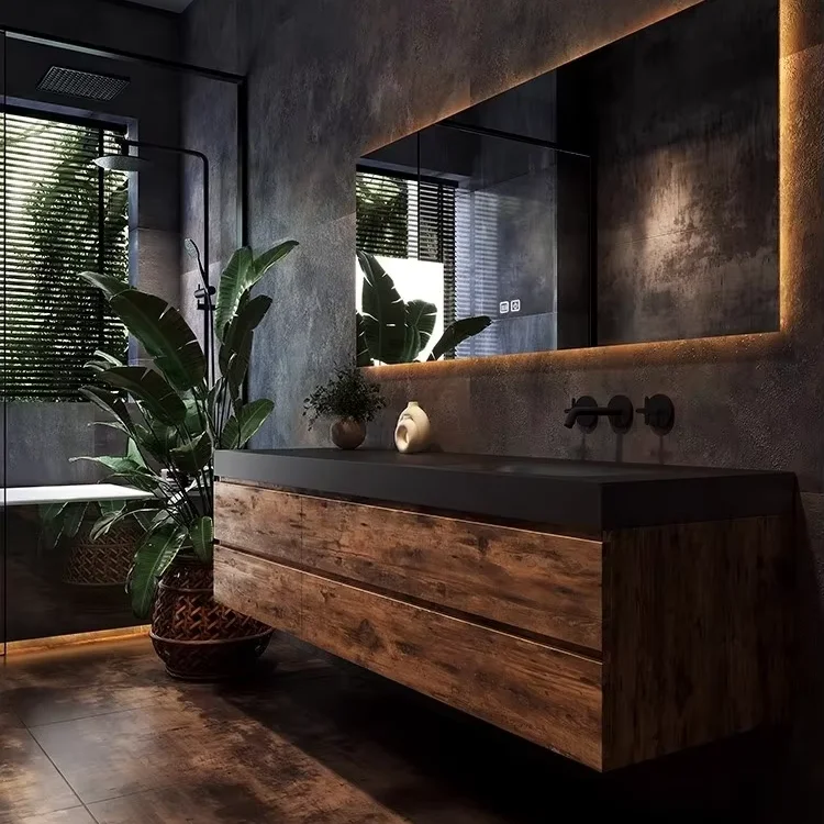 

zn- New Modern Wall-Mounted Plywood Bathroom Vanity with LED Mirror Smart Cabinet Waterproof Design 5-Year Warranty Stone Basin@