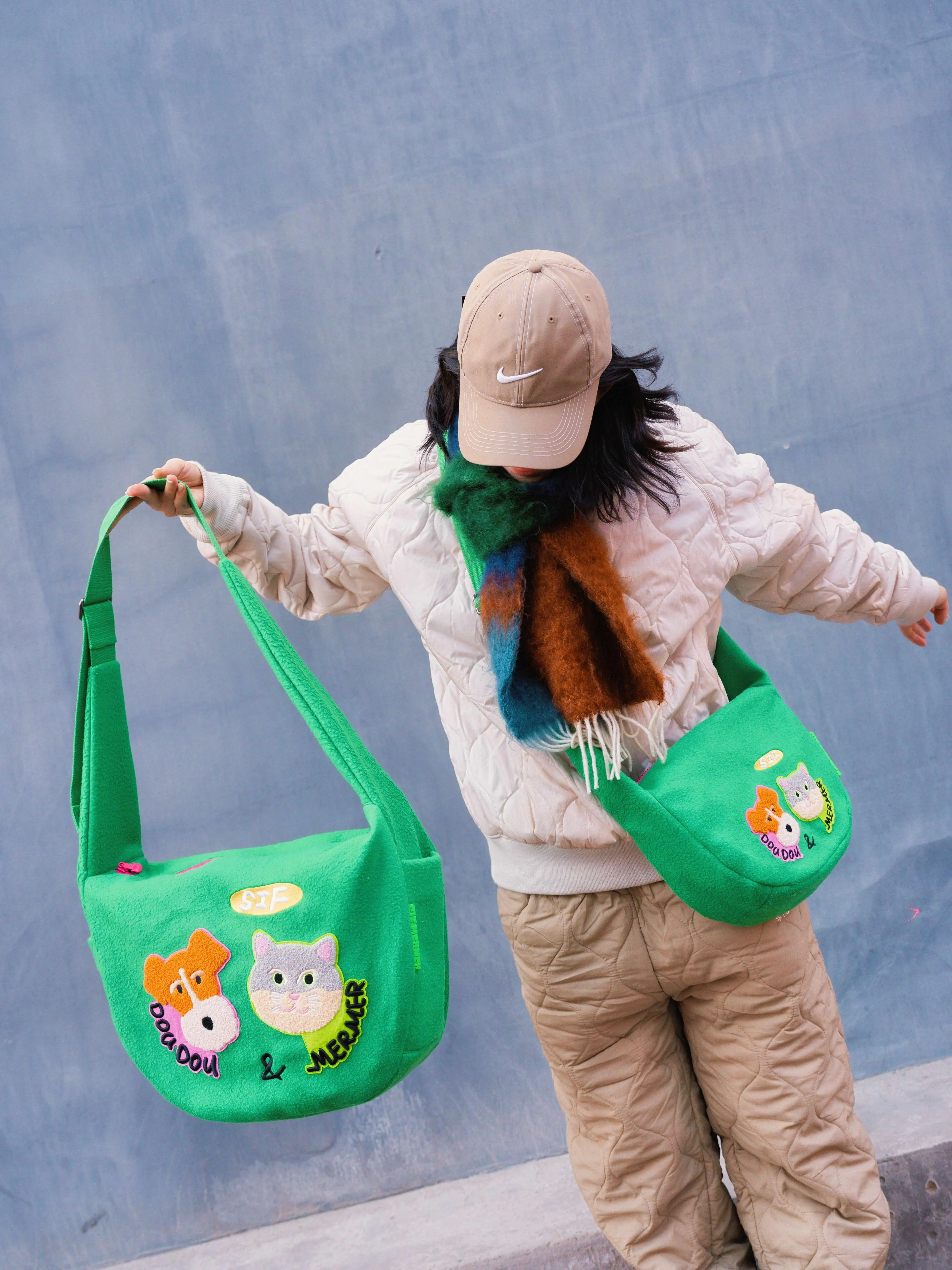 SIF MERMER Original Autumn Winter Large Capacity  Dog Embroidery Kneaded Green Khaki Color Kangaroo Bag Single Shoulder Cr...