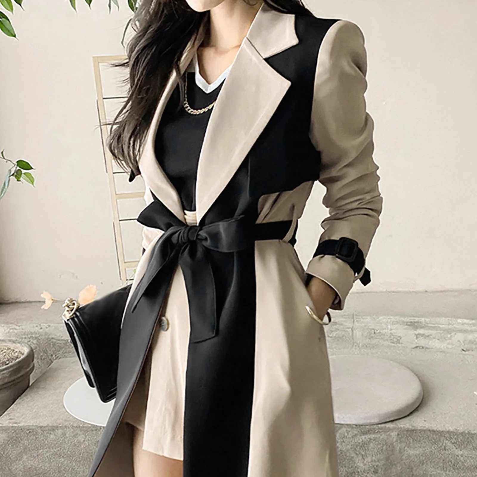 Elegant Long Jacket Women Retro Formal Black Khaki Contrast Notched Collar Windbreaker Coat Outerwear Trench Street Tops Autumn