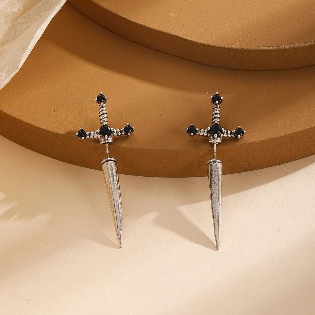 Gothic Cross Sword Earrings For Women Creative Zircon Silver Color Dagger Exaggerated Earrings Jewelry Gift