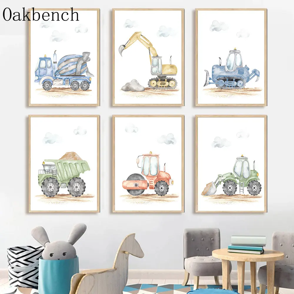 Toy Cars Canvas Poster Excavator Print Pictures Forklift Bulldozers Art Prints Nursery Wall Posters Kids Boys Room Decoration