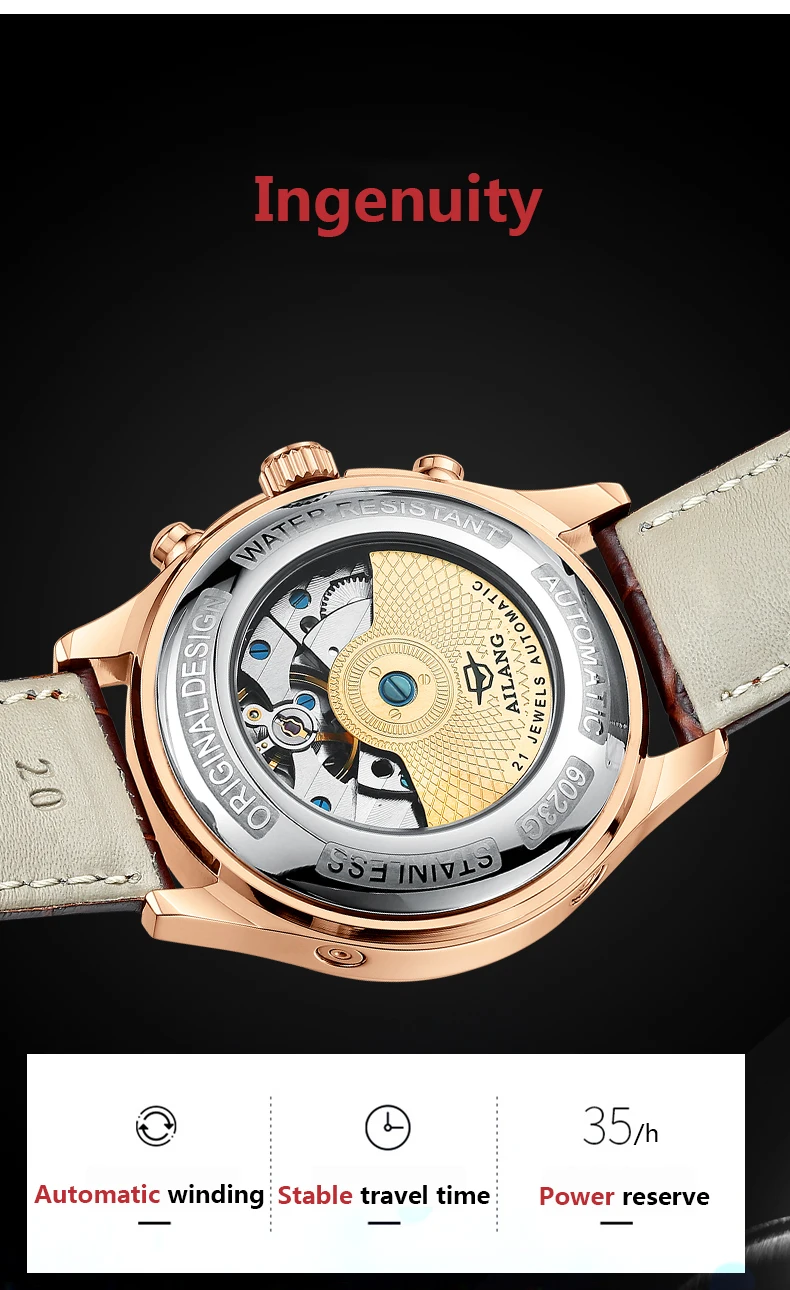Ailang top luxury brand men\'s automatic mechanical watch moon phase calendar multi-function waterproof business wristwatch