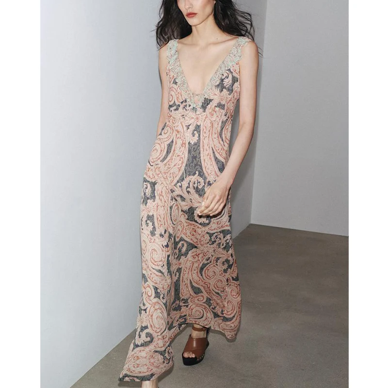 Verão feminino dr em camadas decoração v-ne scela a linha bainha impressão roupa interior sle dr ele cintura alta saia longa