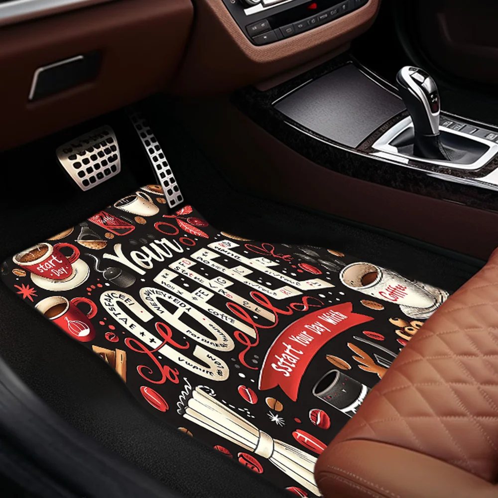 Coffee Lover's Universal Fit Polyester Car Floor Mats - 1PC/2PCS/4PCS Set Featuring Coffee Cup And Bean Design For Front And Rea