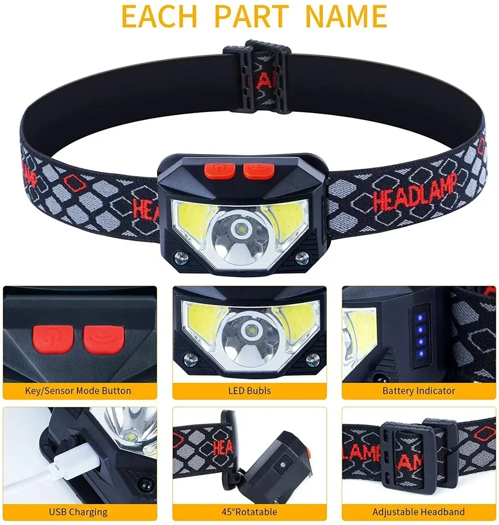 Rechargeable LED Headlamp Sensor Headlight With COB and LED Beads 8 Lighting Modes White and Red Light Fishing Ligh