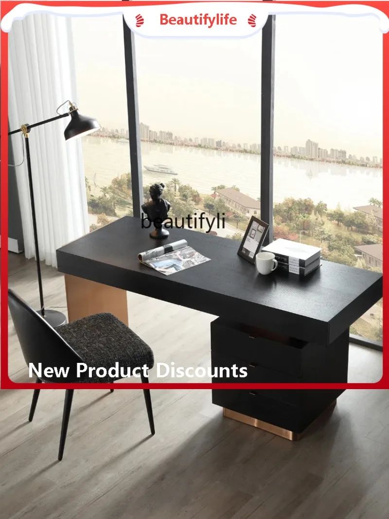 

A357 Post-Modern Light Luxury Stainless Steel Simple Study Smoked Wood Model Room Villa Italian Minimalist Desk