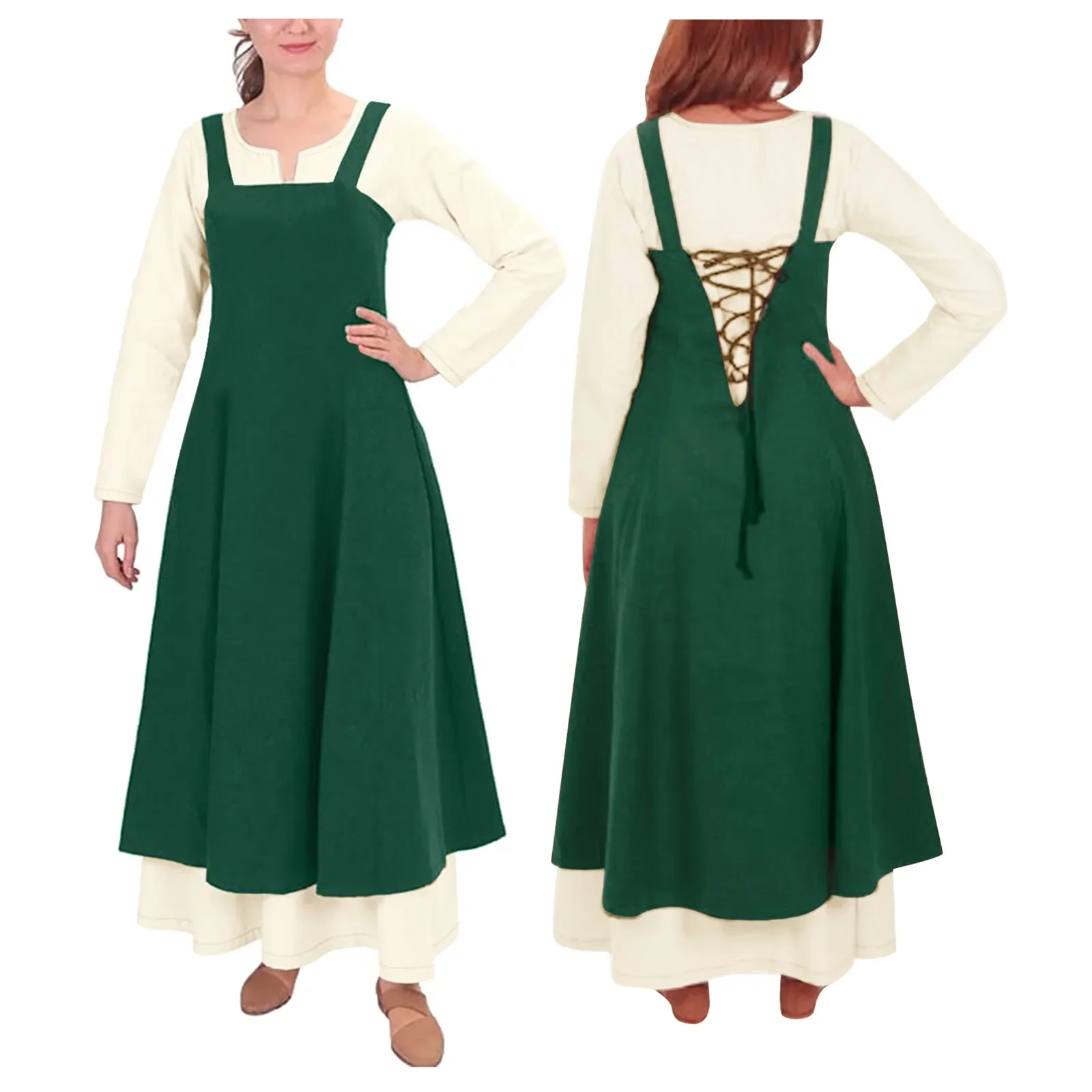 Conjunto de dos piezas para mujer, sobrevestido de delantal vikingo Medieval con cordones, vestido de túnica de manga acampanada, clásico, Vintage, Vogue