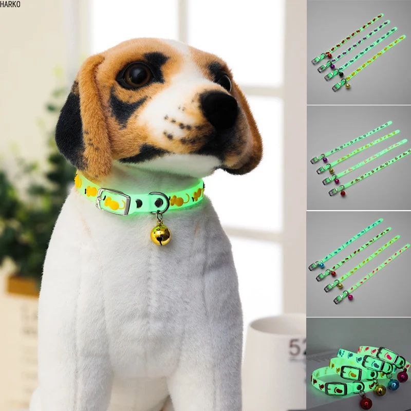 Pet Dog Cat Glowing Collars with Bells Glow at Night Adjustable Fluorescent Silicone Necklace Pet Light Luminous Neck Ring