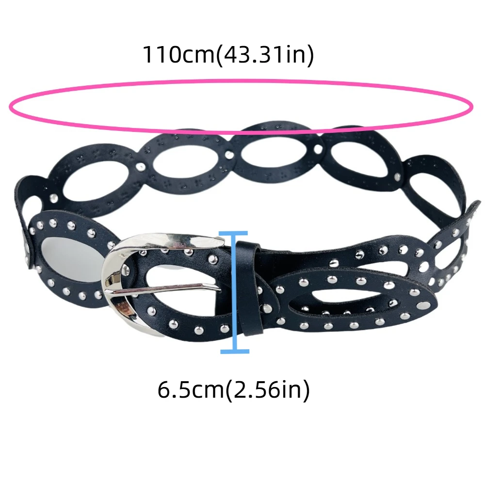 Cinturón de vaquera ajustable con geometría elíptica, cinturones de cuero PU calados, hebilla de Metal que combina con todo, cinturón con remaches para uso diario