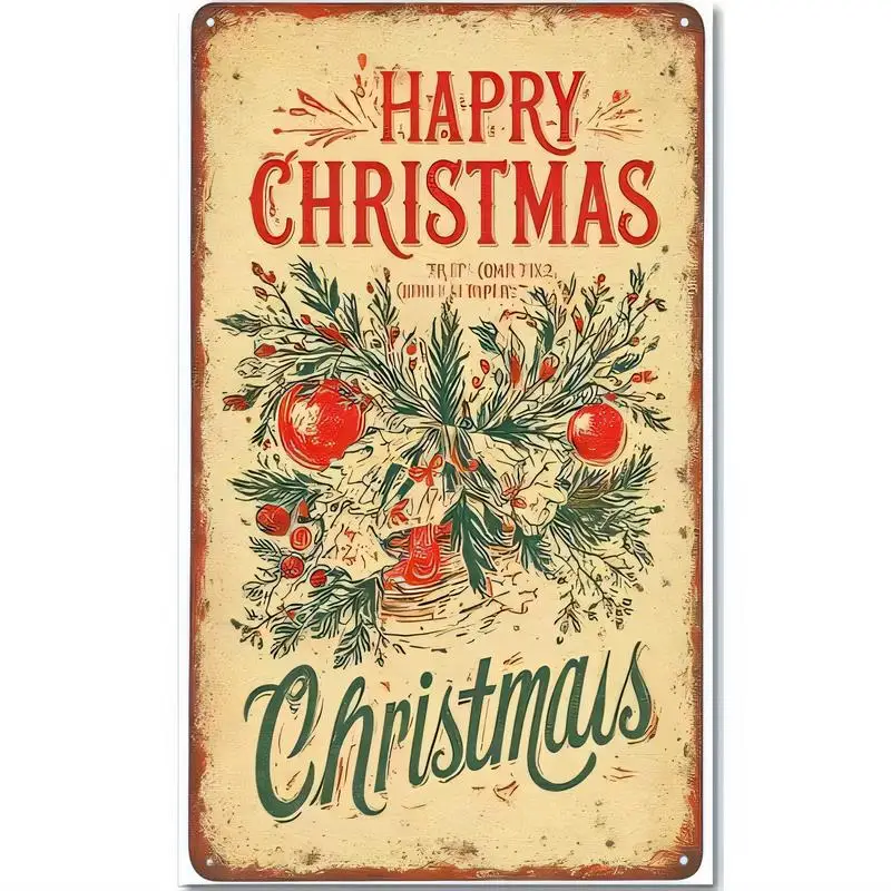 Vintage Iron Christmas Wall Sign, Retro Happy Xmas Design with Holly & Red Ornaments, Rustic Metal Art, Perfect for Christmas Ho