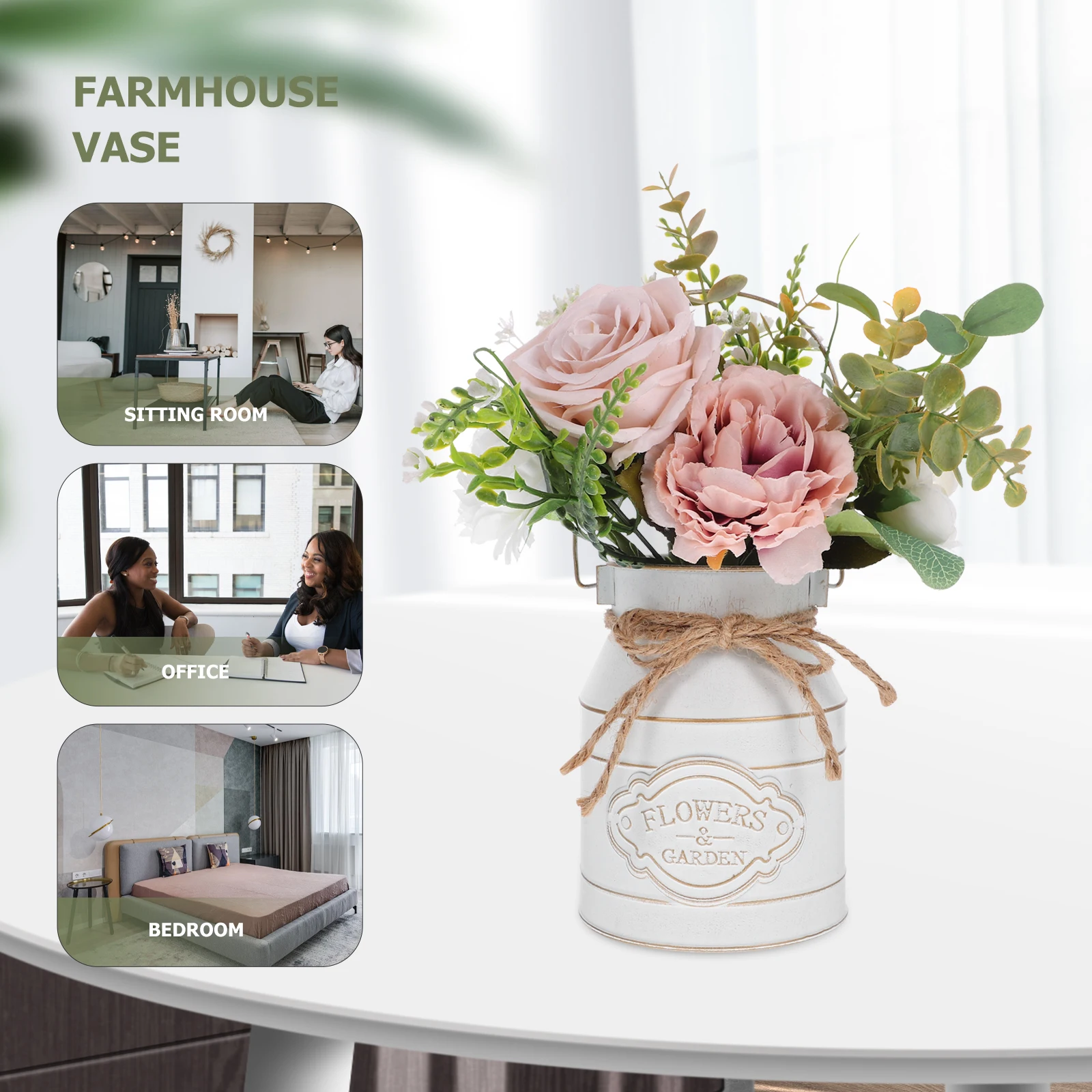 

Retro Tin White Iron Planter Bucket with Handle for Retro Bucket Adornment Flower Arrangement Home Decor Display Container