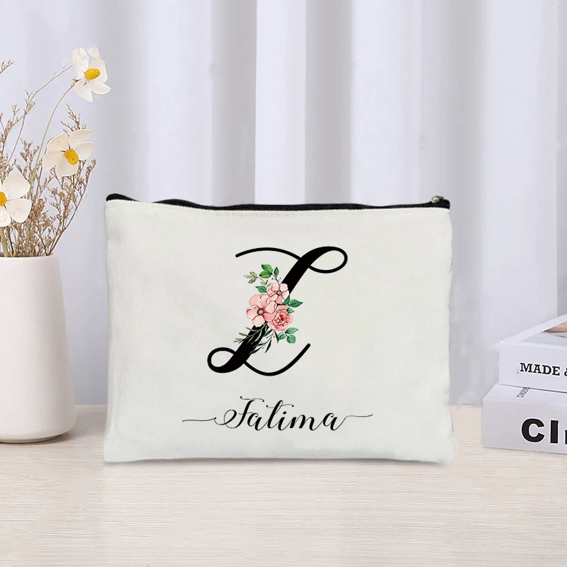 Flowers Initial Cosmetic Bag Custom Name Floral Makeup Bags Makeup Brush Makeup Storage Go Out Travel Pouch Trendy Girl Gifts