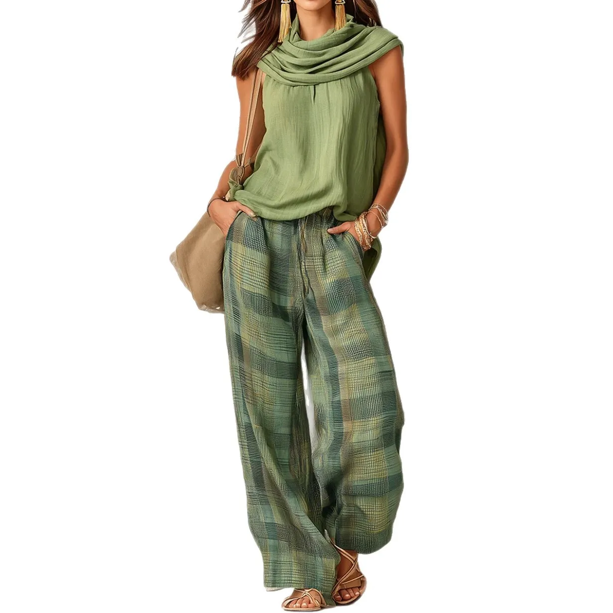Retro Style Casual Fashionable Sleeveless Top And Plaid Pants Set for Women 2026 Spring Season Neutral Style Polyester Fabric