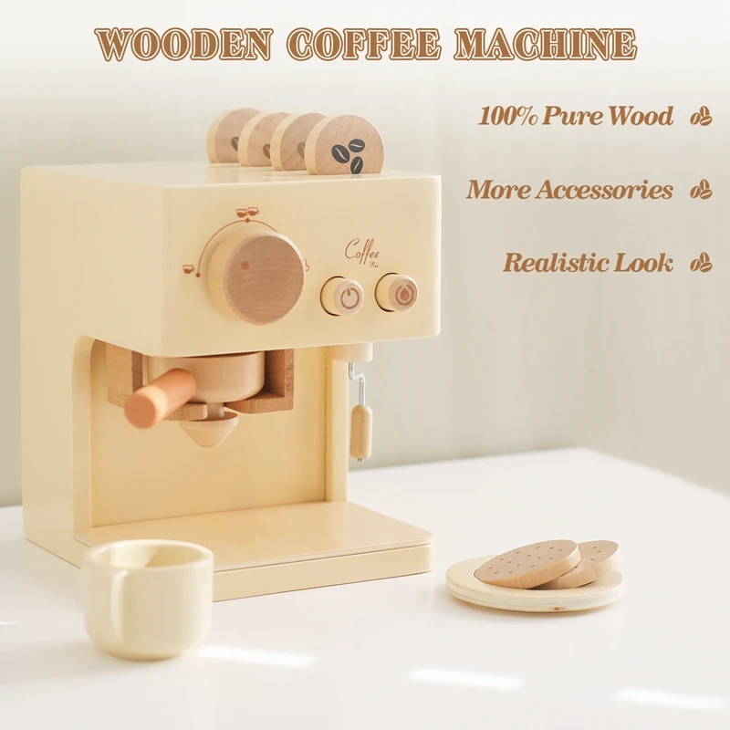 Baby Wooden Coffee Maker Toys Set Kids Early Education Encourages Imaginative Playset Infant Pretend Play House Accessories Gift