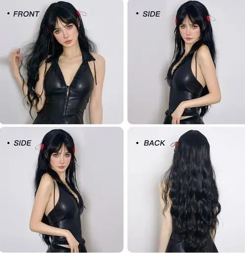 Pelucas sintéticas rizadas largas negras con flequillo, onda corporal diaria, peluca de cabello Natural para mujeres, fiesta de Cosplay, peluca resistente al calor para niñas