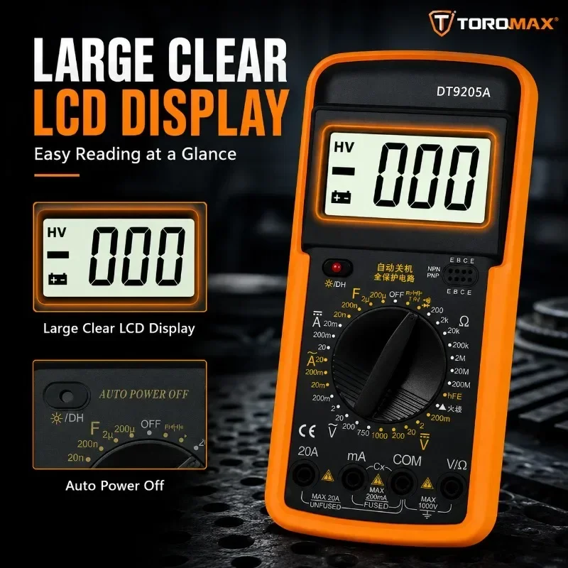 Multimètre numérique portable DT-9205A avec arrêt automatique et protection contre les surcharges, voltmètre, ampèremètre, ohmmètre pour le test de circuits électriques