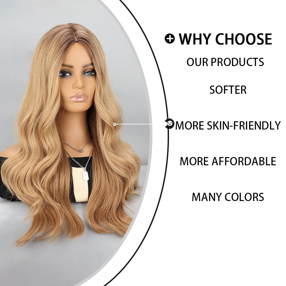 Synthetic Wigs Ombre Light Brown Blonde Long Water Wavy  Natural Middle Part Daily Hair for Women Cosplay