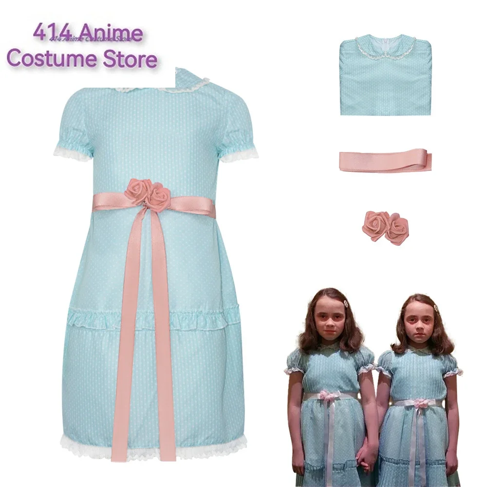 Movie The Shining Lisa Louise Burns Grady Twins Dress Blue Halloween Puff Sleeve Lolita Outfits Dress Skirts Bow For Girl Woman