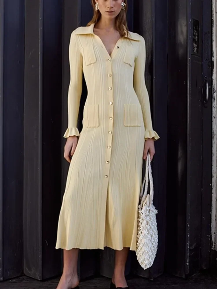 

Women Yellow Knitted Robe Single Breasted Turn-down Collar Long Sleeve Elegant Spring 2024 Midi Dress