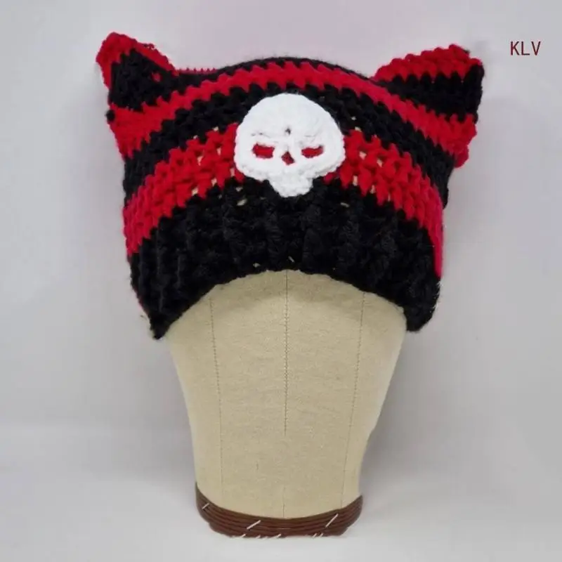 

Popular Bobble Hat Knit Beanie Hat with Cat Ear Y2K Women Winter Hat Cool Girls Crochet Hat Soft Breathable Skull Cap