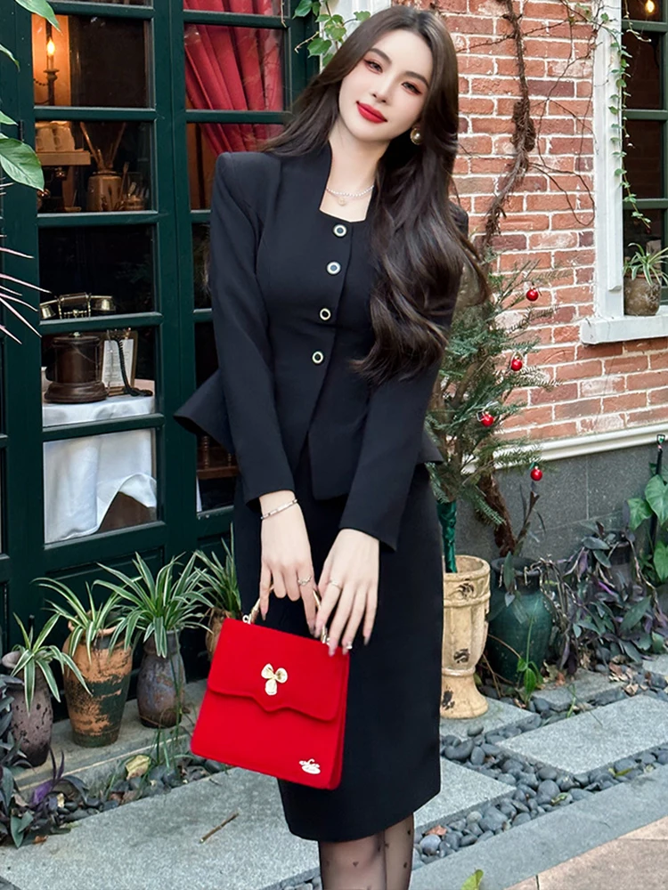 New High Quality Elegant 2 Pieces Outfits Suits Women Professional Formal Tops Coat Blazer Suit High Waist Midi Skirt Slim Set