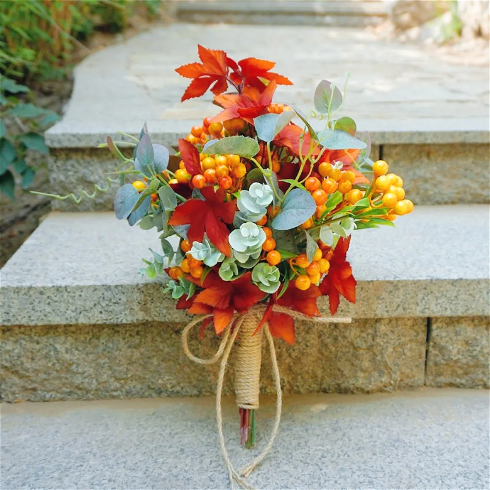 Autumn Boho Artificial Bridal Wedding Bouquet Maple Leaf & Berry Flower Bouquet for Bride Wedding Photos Wedding Accessories