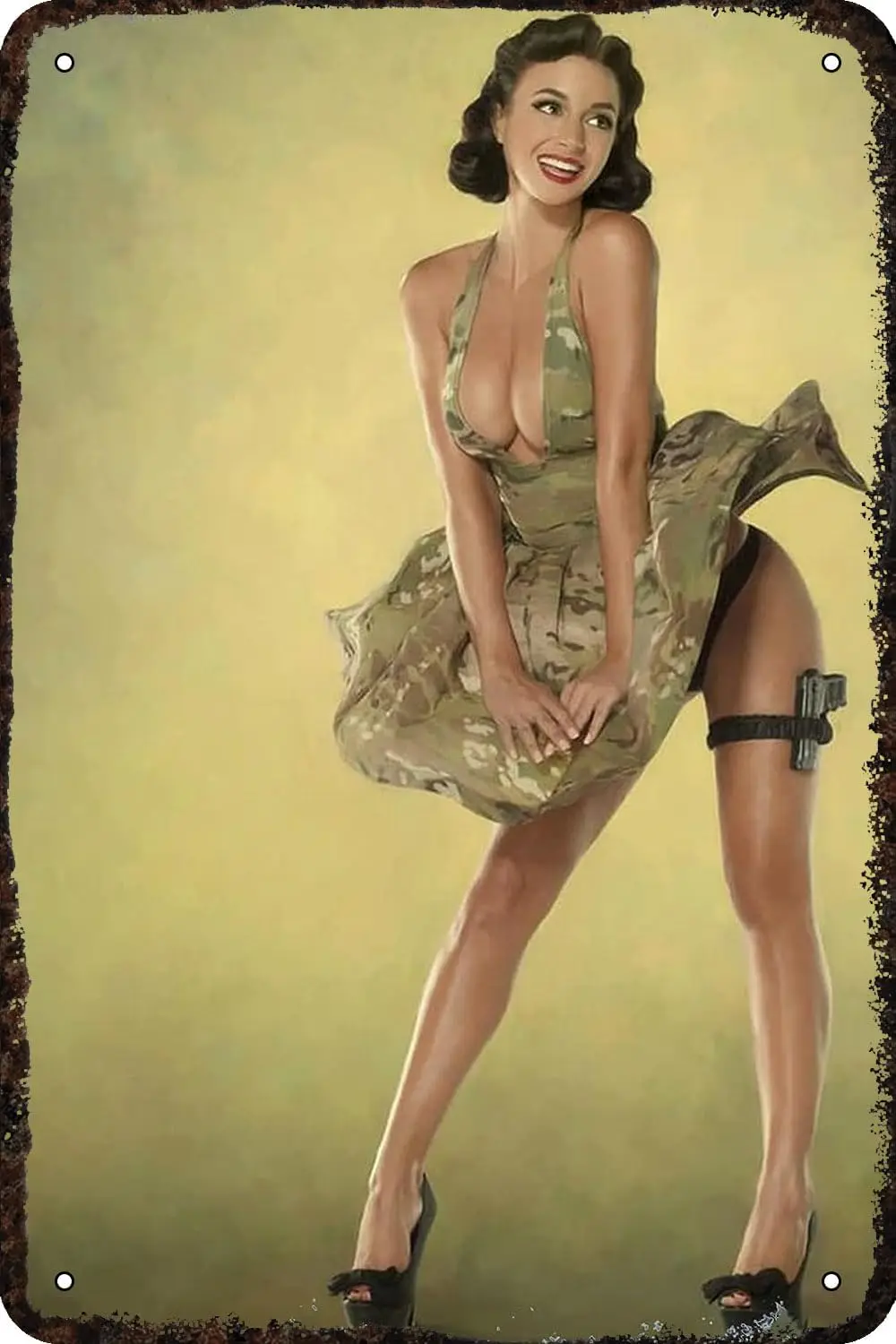 Metal Signs Army Pin Up Girl Sexy Lady Military Sexy Black Short Haired Female Soldier Vintage Tin Sign Funny Art Wall Deco sign