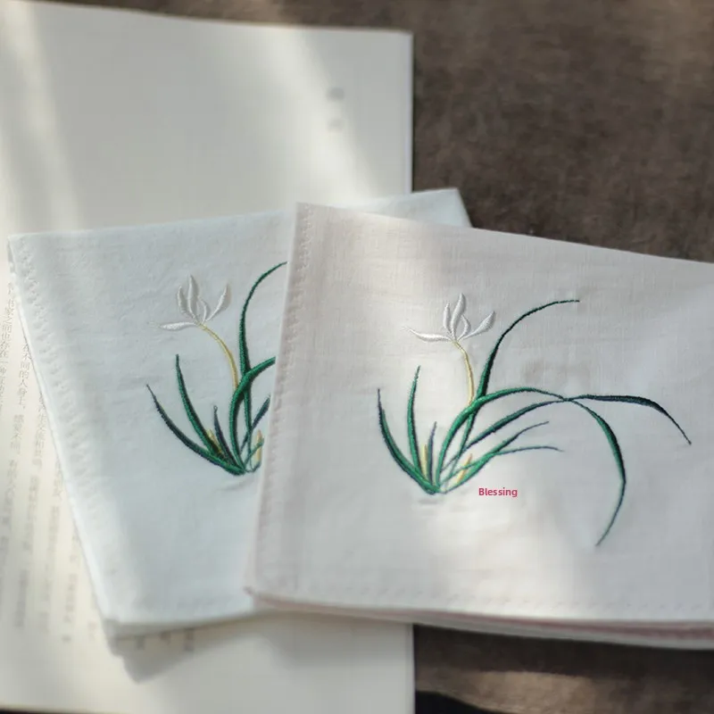 Chinese Style 100% Cotton Plum Orchid Bamboo Chrysanthemum Embroidered Unisex Handkerchief Absorbent Sweat Square Towel Unique