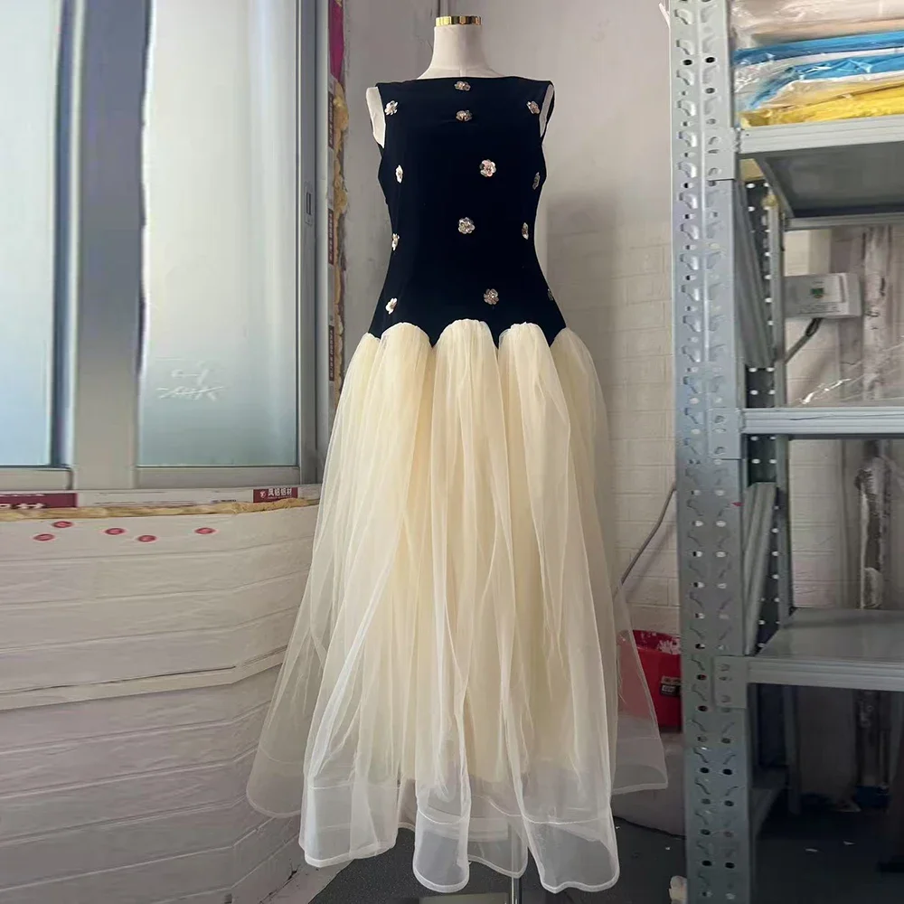 VGH Colorblock 빈티지 댄스 파티 스플 라이스 메쉬 드레스 여성용 라운드 넥 민소매 패치 워크 스팽글 아플리케 미디 드레스 여성