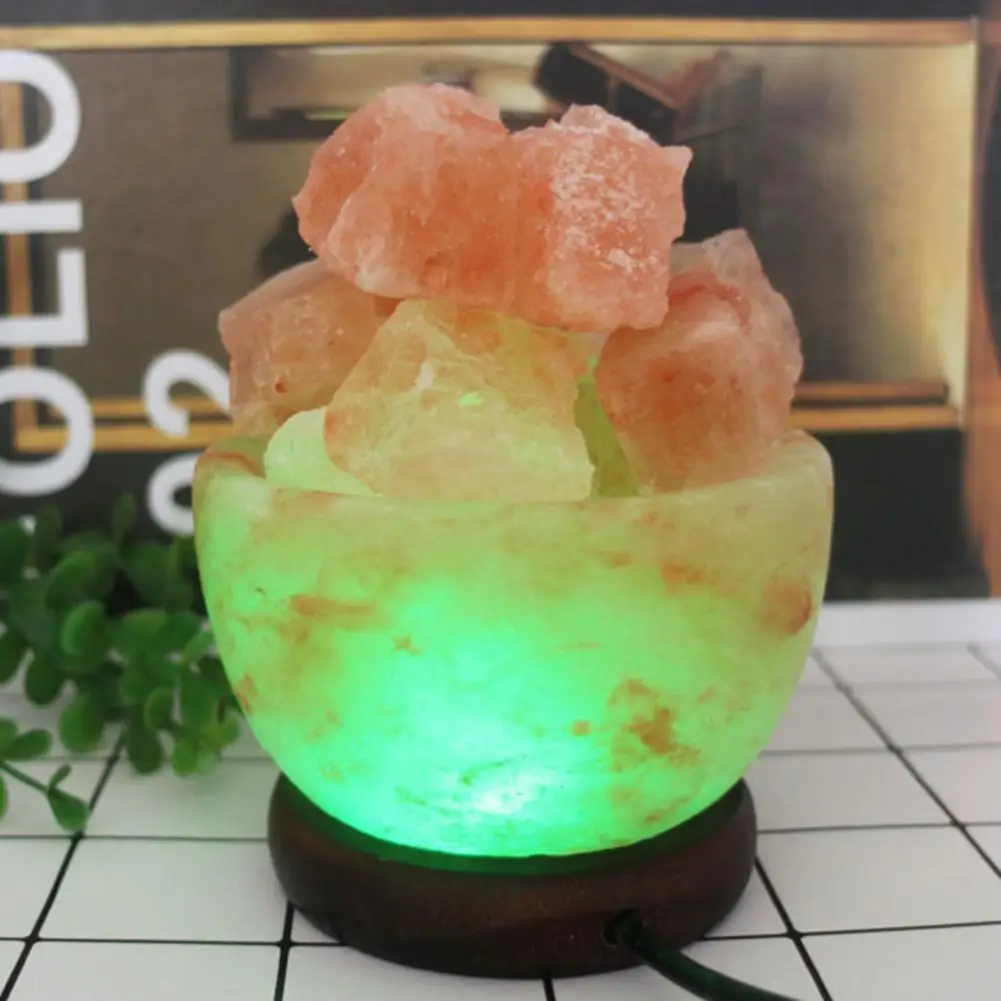 Great Bedside Lamp Eye-catching Illumination Compact Color Changing Natural Salt Lamp with Wooden Base