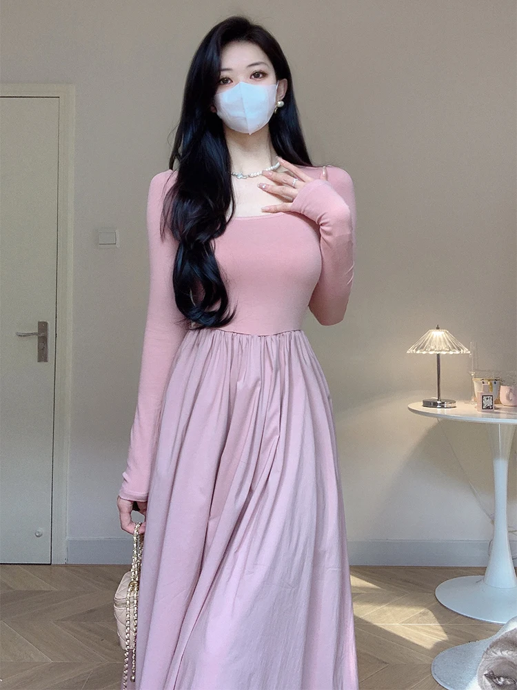 

Женское розовое платье больших размеров с длинным рукавом, квадратным вырезом, весеннее, с завышенной талией, стройнящее, в корейском стиле, для офиса и повседневной носки