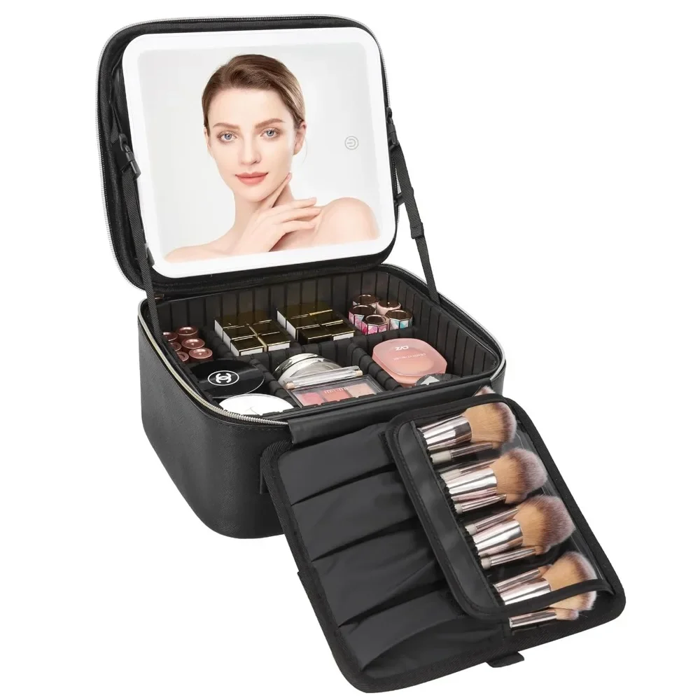 

Travel Makeup Bag with LED Mirror – 3-Color Light, Adjustable Dividers, Brush Holder, Rechargeable (Black)