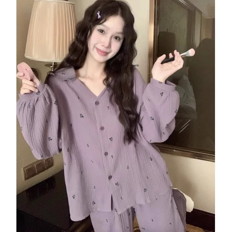 Korean Sweet Sleepwear For Sleeping Set New Spring Autumn Cotton Women's Pajamas Suit V Neck Long Sleeve Lounge Home Clothes